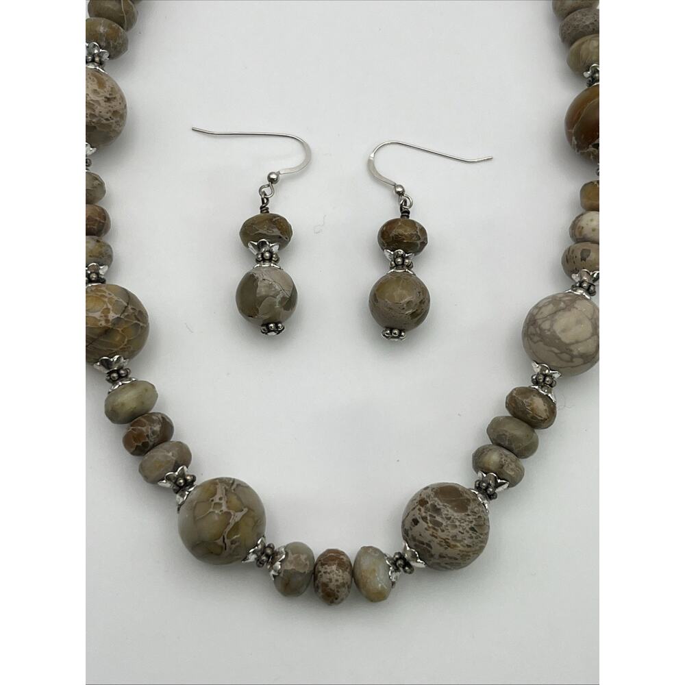 Beaded Stone Necklace & Earrings Set Natural Beige Sterling Silver Posts 18"